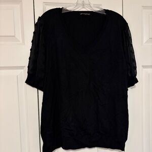 Adrianna Papell V-Neck Black Sheer Polka Dot Short Sleeve 2XL Top